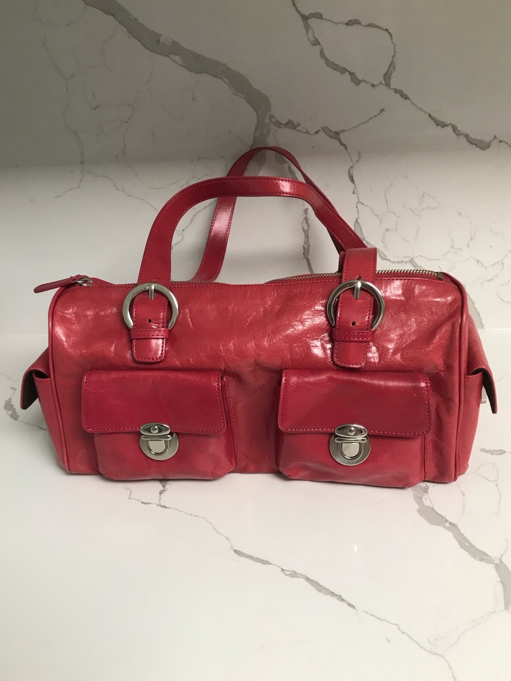 Vintage Danier Deep Pink Leather Double-Pocket Satchel Handbag